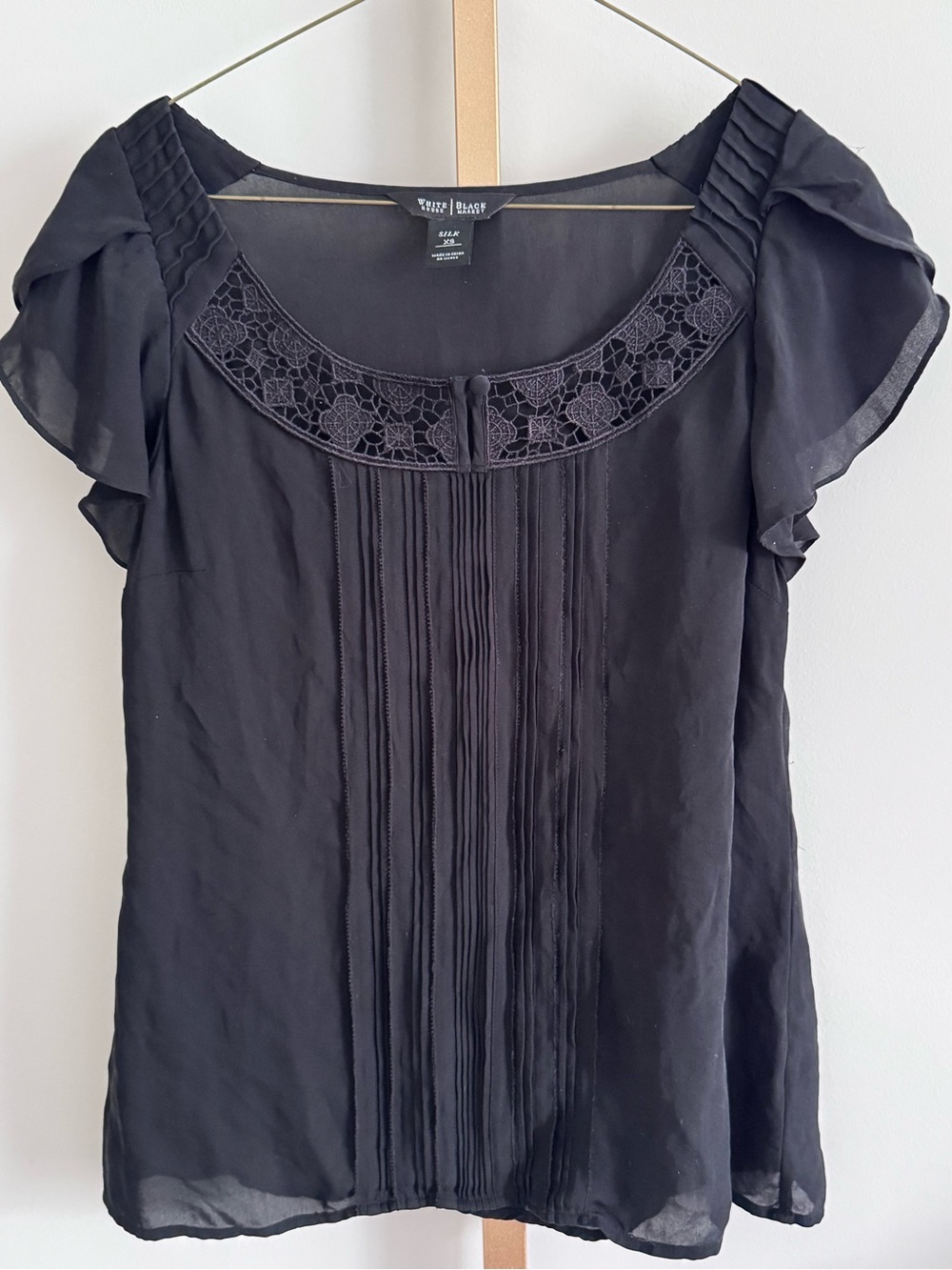 White House Black Market Black Lace Yoke Pintuck Flutter Sleeve Blouse